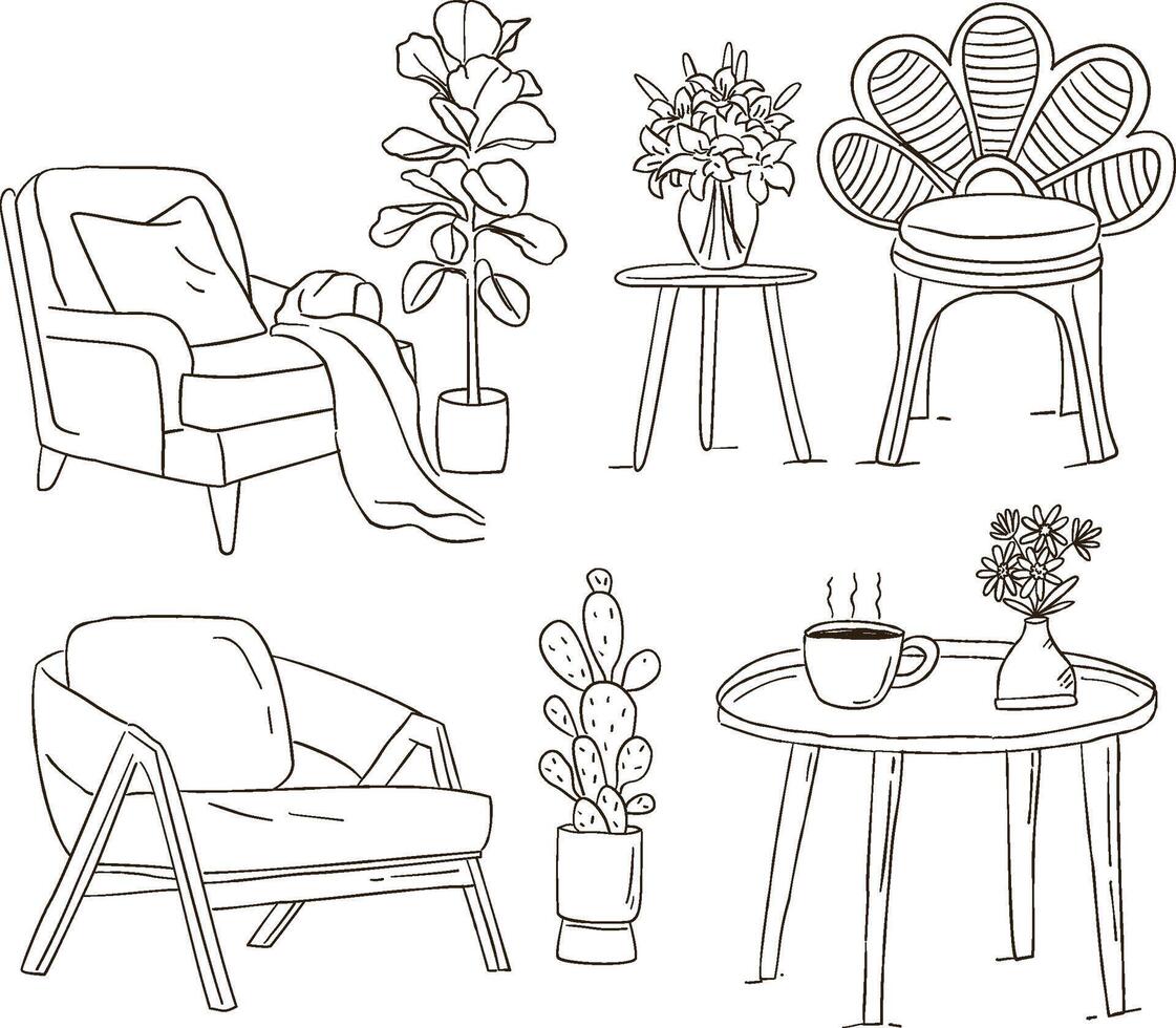 Scandinavian minimalist furniture with plants illustration vector