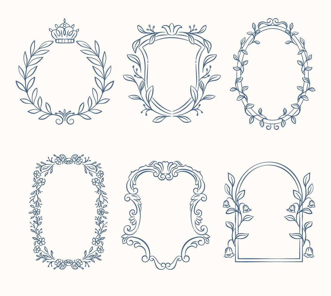 These classic vintage frames feature intricate line art with floral and ornamental flourishes. vector