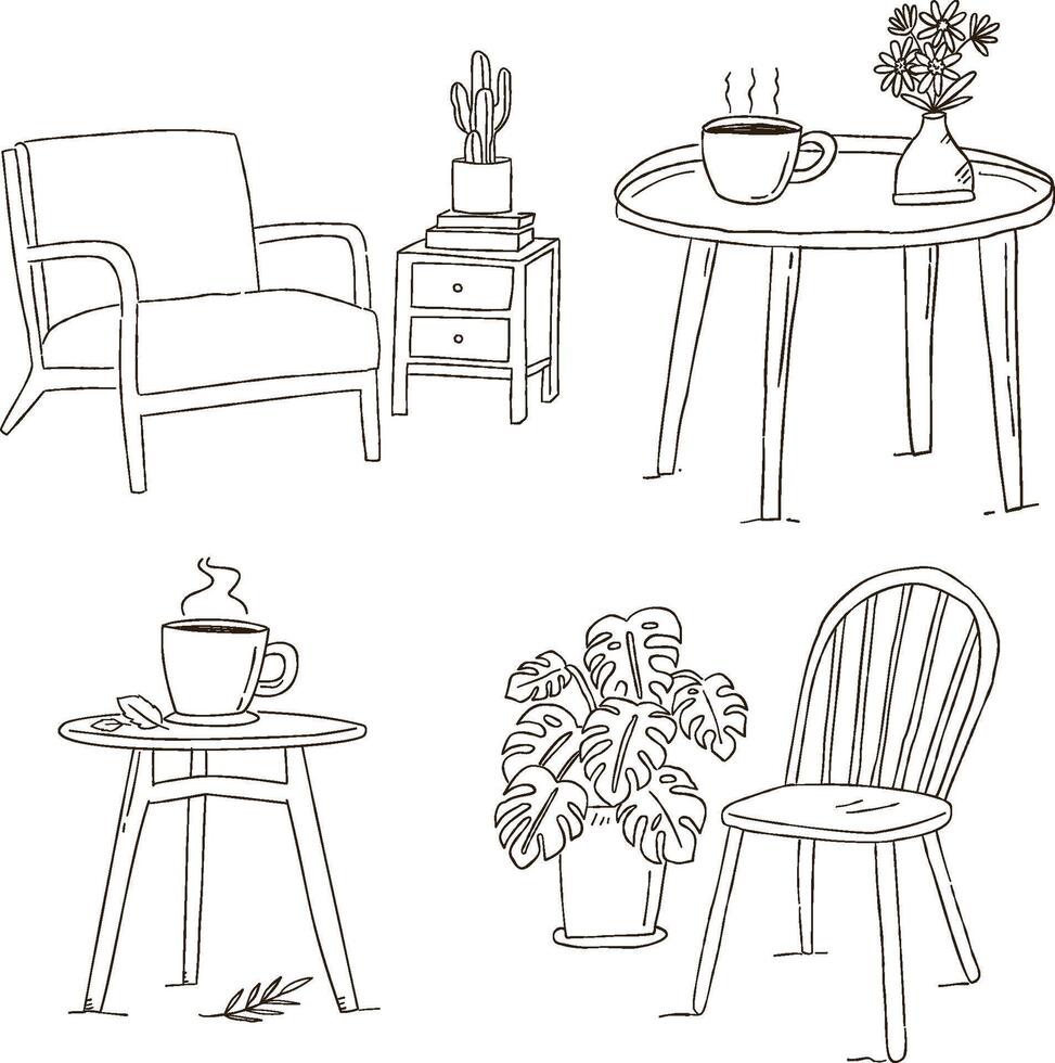 This elegant illustration set showcases a variety of stylish Scandinavian furniture with thin line art details vector
