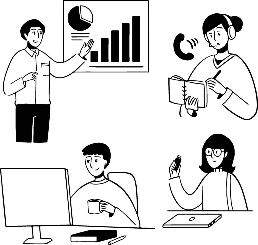 This collection of simple and clean brush-style illustrations showcases young professionals in various office activities vector