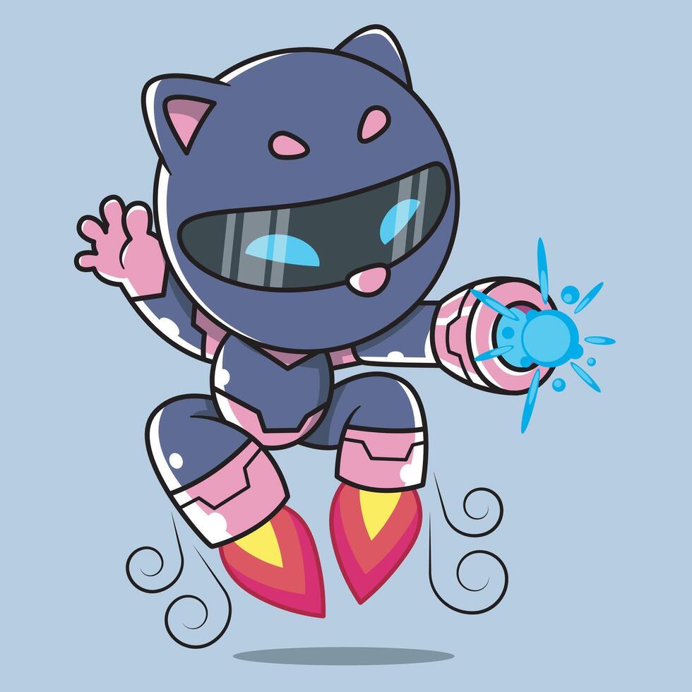 cute cat robot with rockets on its feet with plasma guns on its hands vector