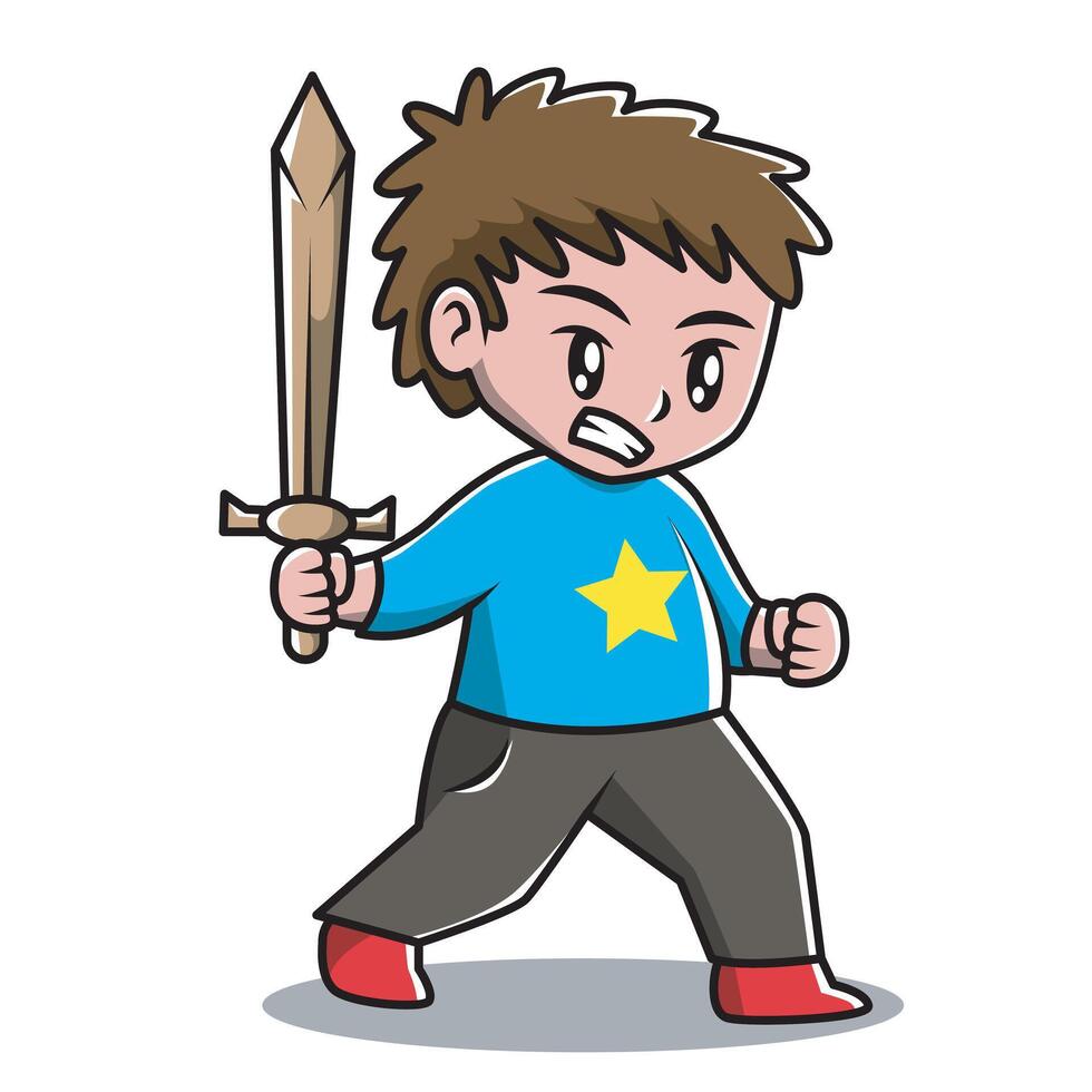 Cute angry knight child with wooden sword. vector
