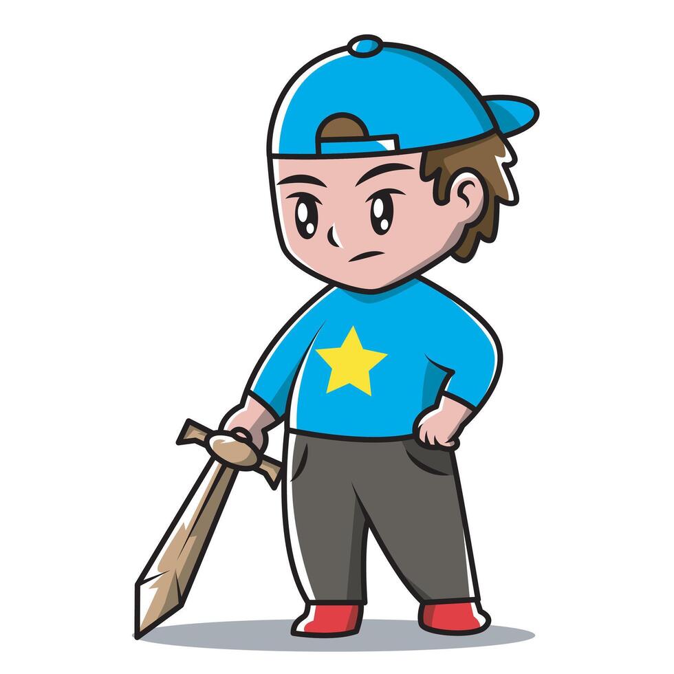 Boys in cute knight hats with wooden swords. Funny knight drawing vector