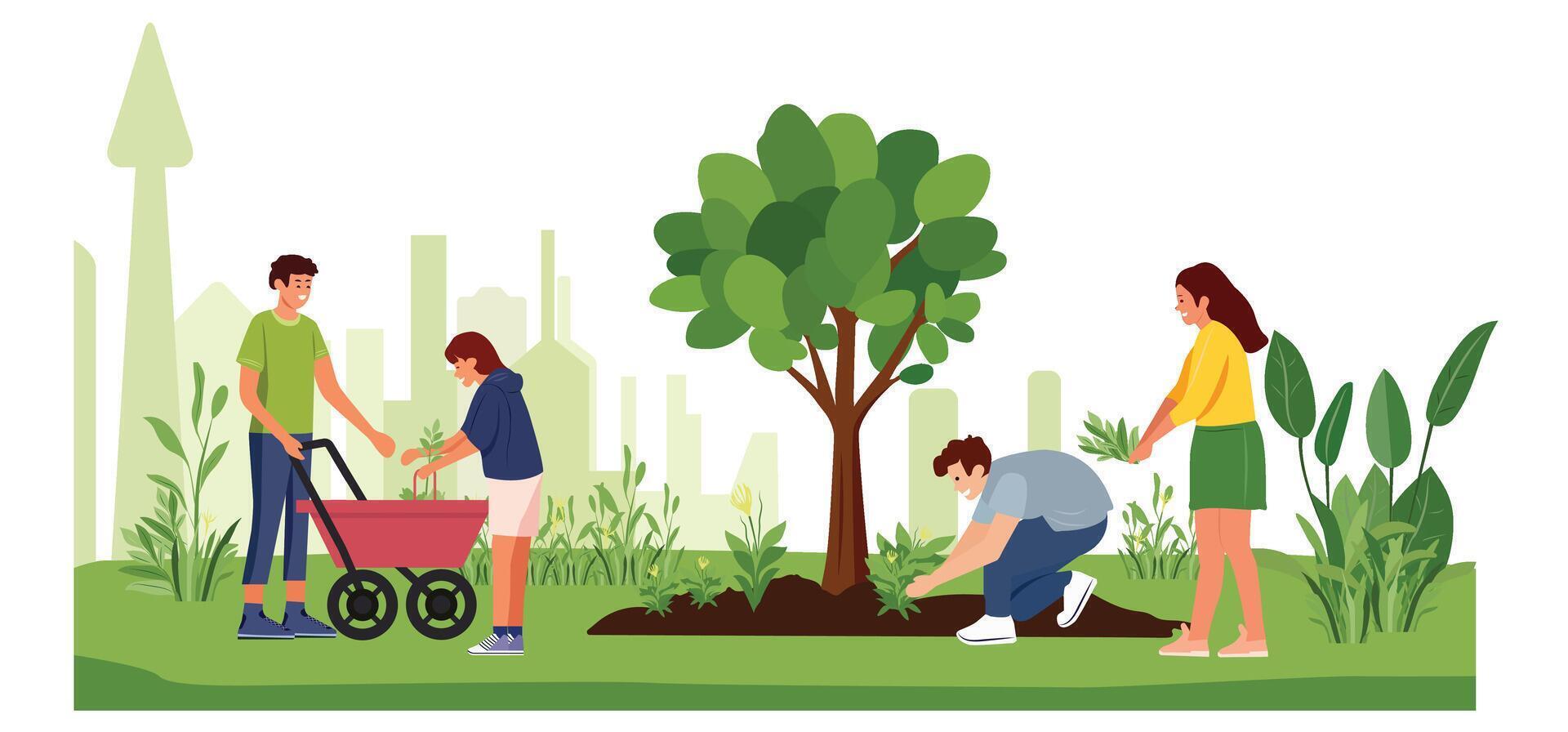 People planting trees, green grass, and leaves in flat illustration, People working in a garden or park nature concept design, isolated on a white vector