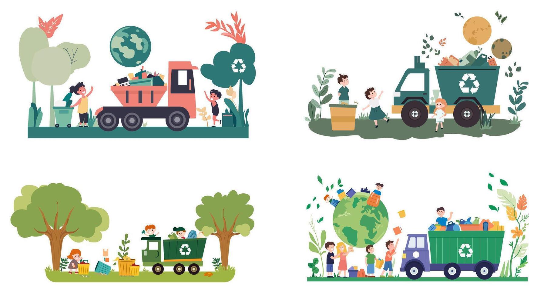 Set of cartoon characters kids with save the world sustainably recycle idea concept design, illustration vector