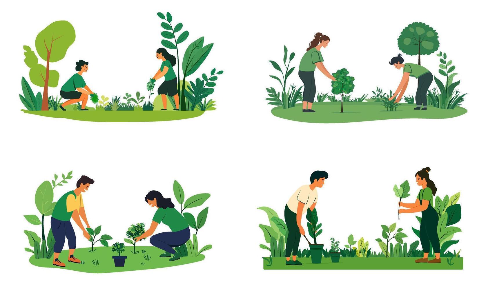 Set people planting trees, green grass, and leaves in flat illustrations, People working in a garden or park nature concept design, isolated on a white background vector