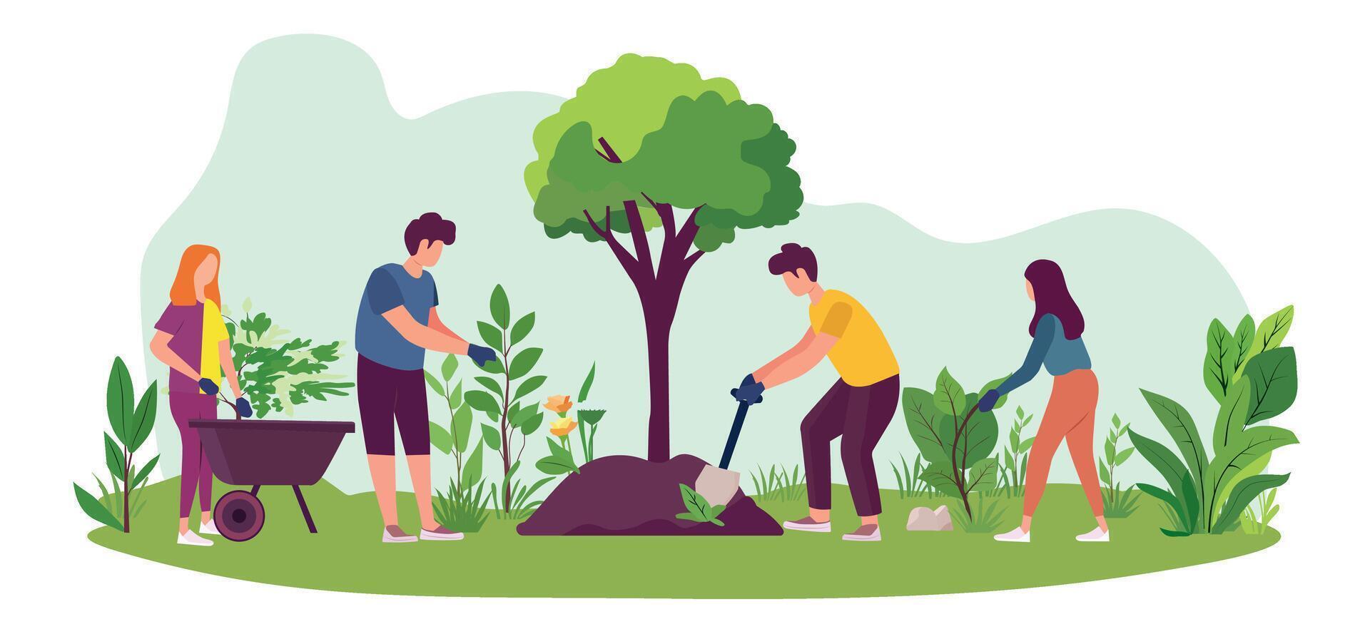 People planting trees, green grass, and leaves in flat illustration, People working in a garden or park nature concept design, isolated on a white background vector
