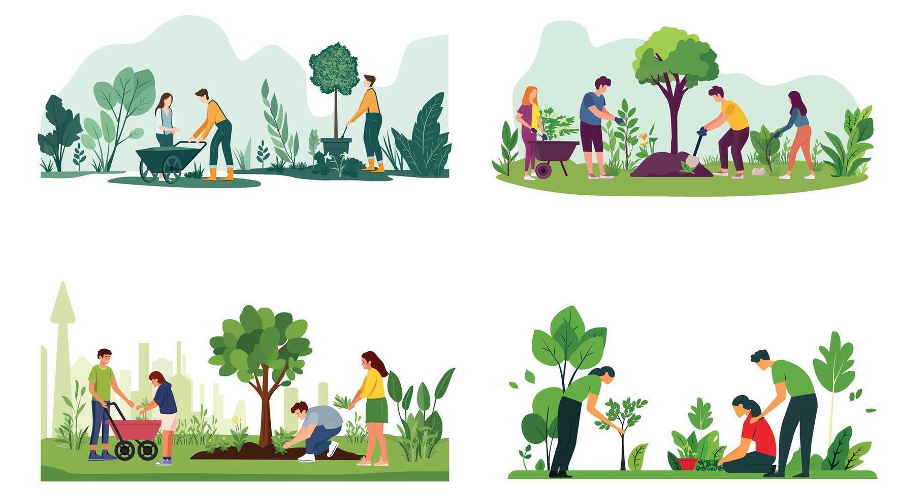 Set people planting trees, green grass, and leaves in flat illustrations, People working in a garden or park nature vector