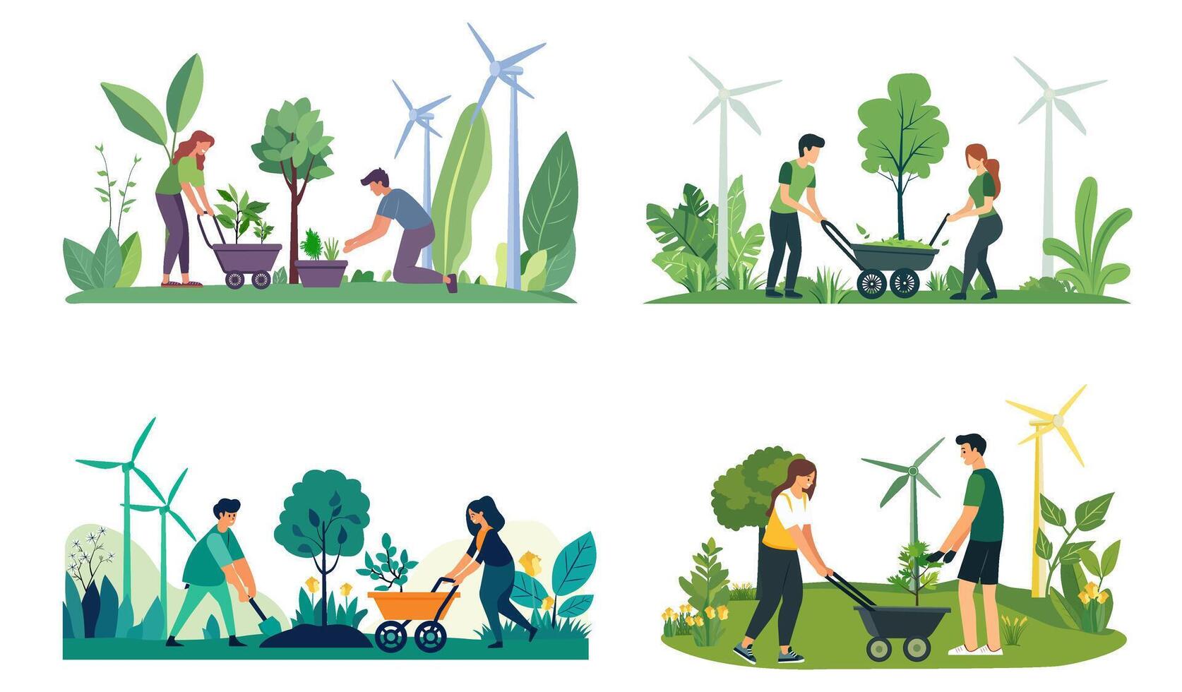 Set of illustration of people working in a garden banner design, planting trees and gardening, Green energy power windmills eco-friendly activities for an ecology concept vector