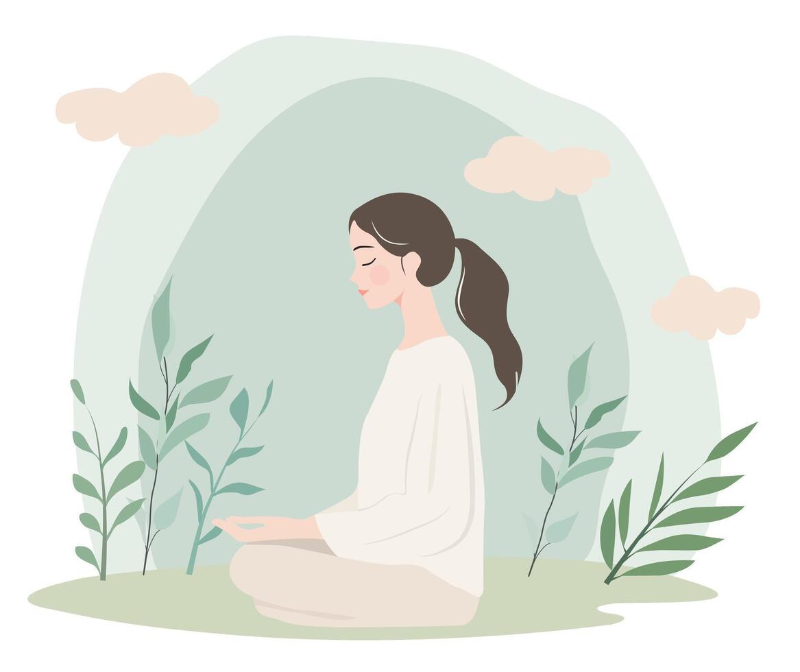 Flat woman in meditating yoga poses, each with soft pastel colors and minimalistic designs. With plants and nature elements vector
