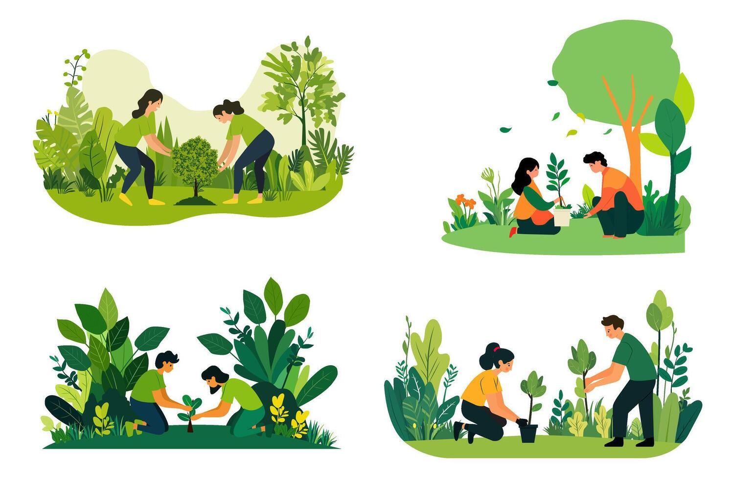 People planting trees, green grass, and leaves in flat illustrations, People working in a garden or park nature concept design, isolated on a white background vector