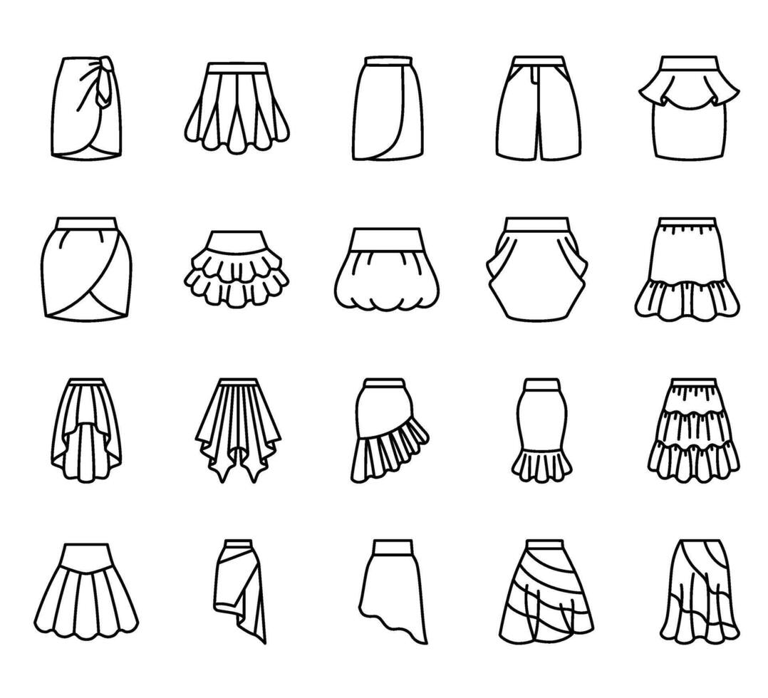 Unusual skirt designs, editable black line art vector