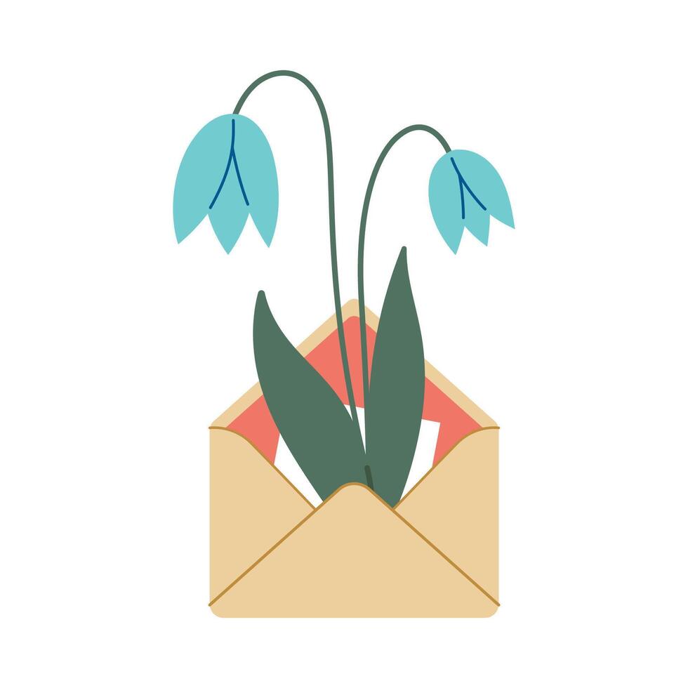Envelope with snowdrops flowers. Hello spring concept. Summer Letter. Illustration, flat design. Flowers bouquet in envelope. Hand drawn trendy icon. vector