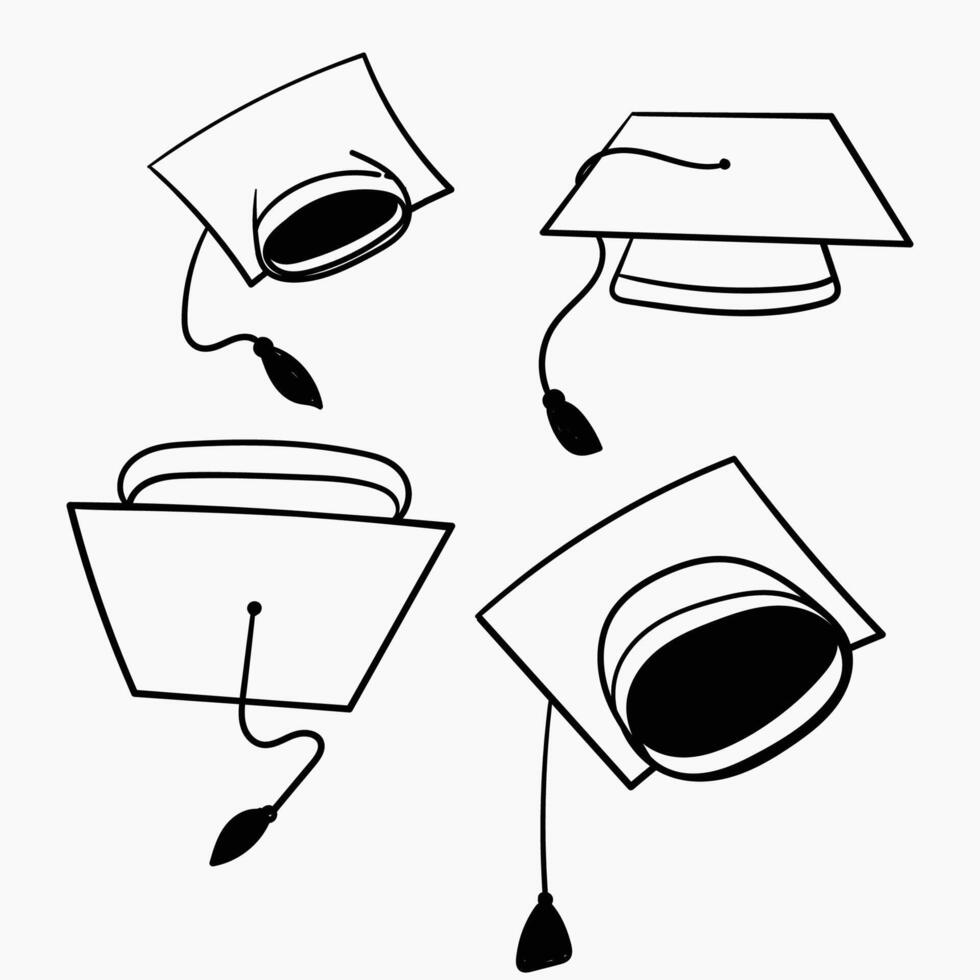 four black and white graduation hats with a cord vector