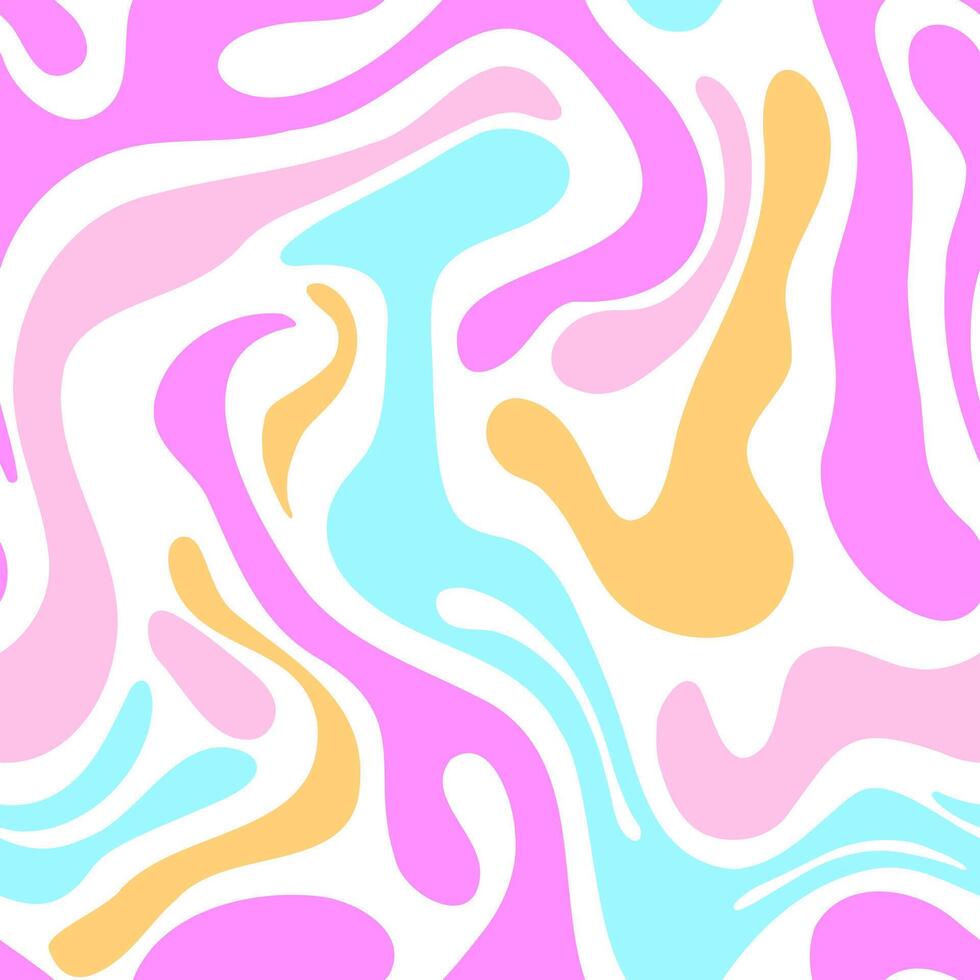 Abstract seamless pattern with wavy pastel shapes in pink, blue, and yellow tones, inspired by retro and psychedelic aesthetics, perfect for textiles, wallpapers, and modern digital designs vector