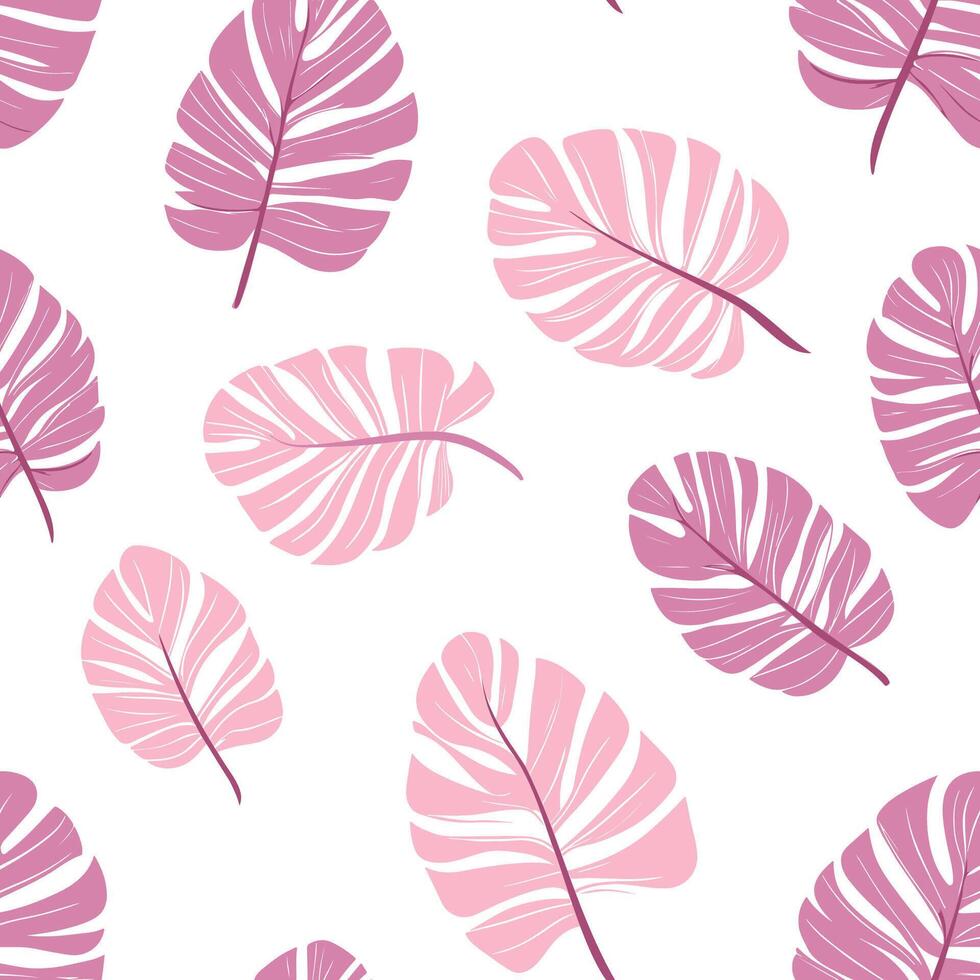 Elegant seamless pattern featuring pink tropical leaves on a white background. A stylish botanical design perfect for textiles, wallpapers, and decor vector