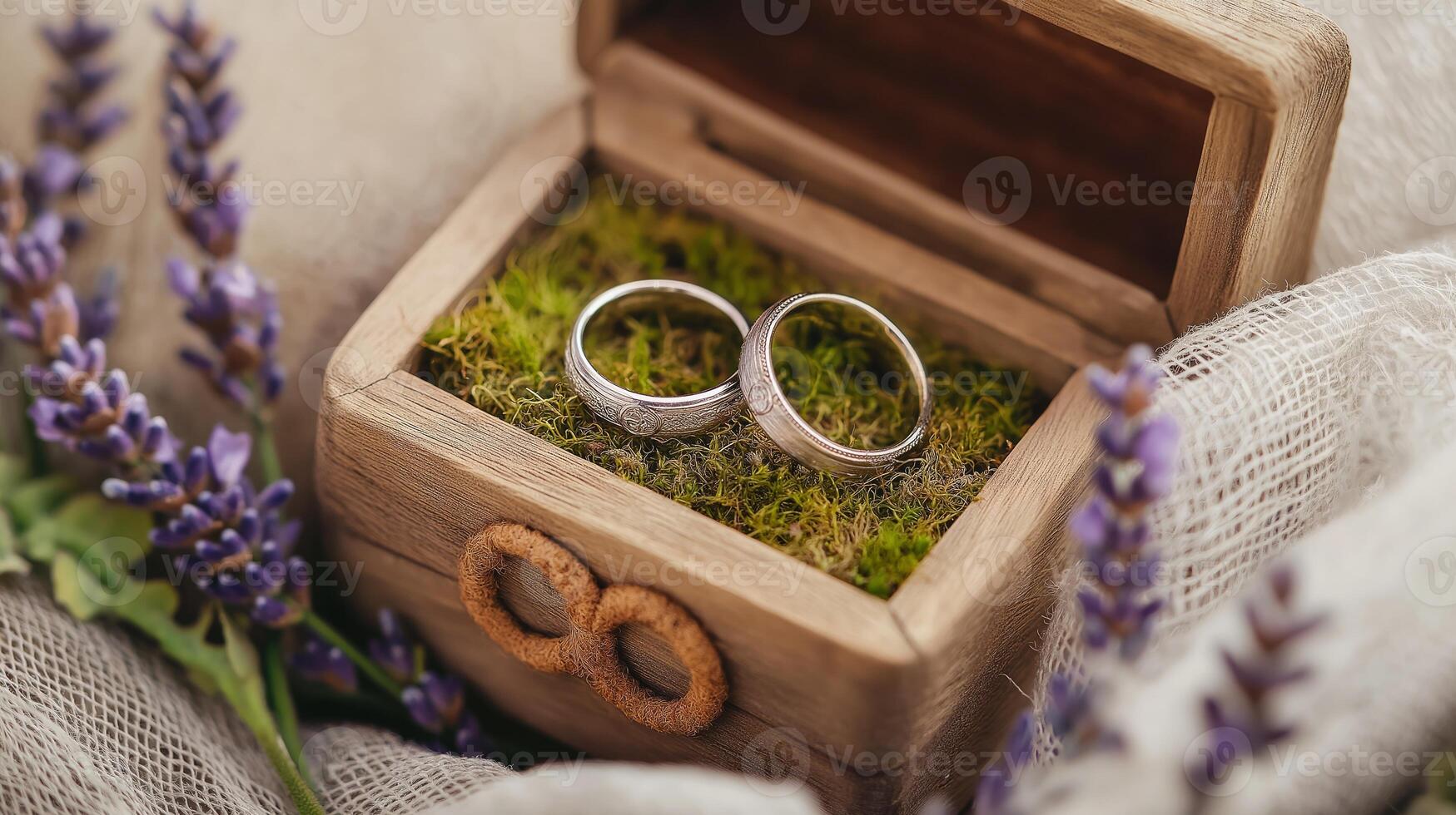 Two silver wedding rings are nestled on a bed of moss inside a rustic wooden box, adorned with lavender sprigs, symbolizing love, commitment, and a celebration of marriage photo