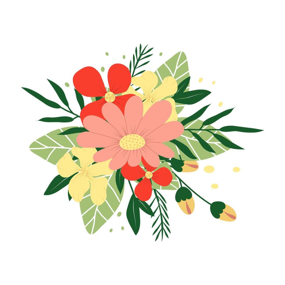 Flower arrangement. Red, pink, yellow flowers, green leaves. Flower poster. A summer flower for decorating your postcards, invitations, stickers, posters and other projects. vector