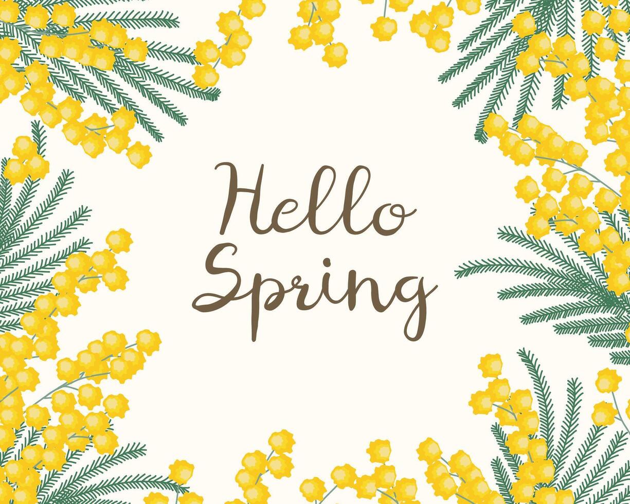 A frame with a yellow mimosa. A spring wreath of the brightest yellow flowers. Hello, spring. vector