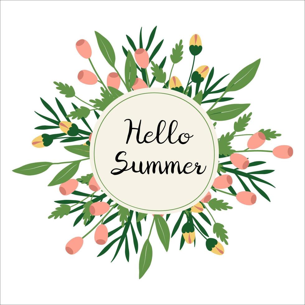 A botanical frame made of green branches. A round-shaped flower arrangement.Twigs with leaves of various types. Spring and summer design for use in postcards, banner templates, invitations. vector