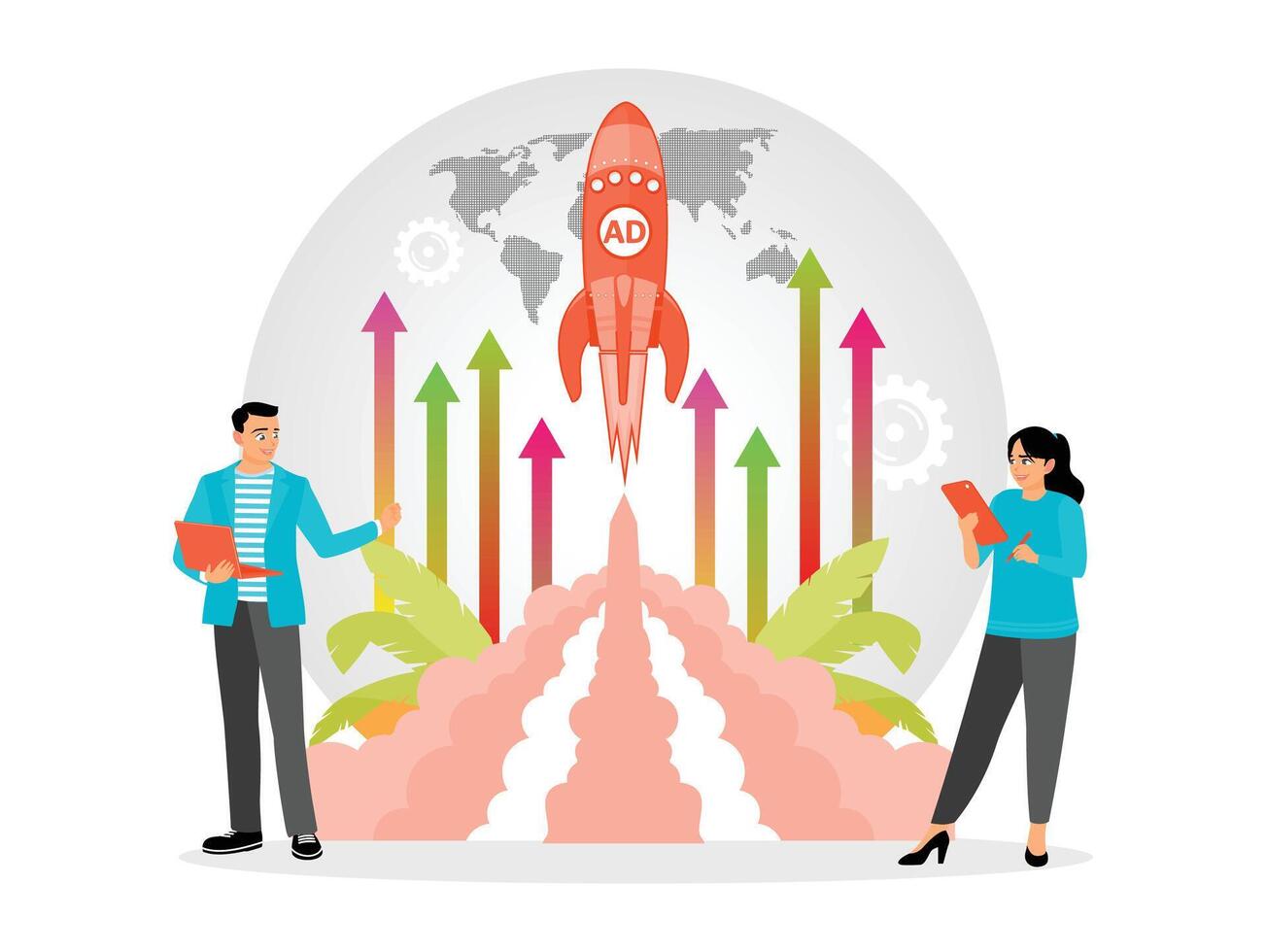 Launching ad campaigns. Initiating powerful advertising for market impact. vector