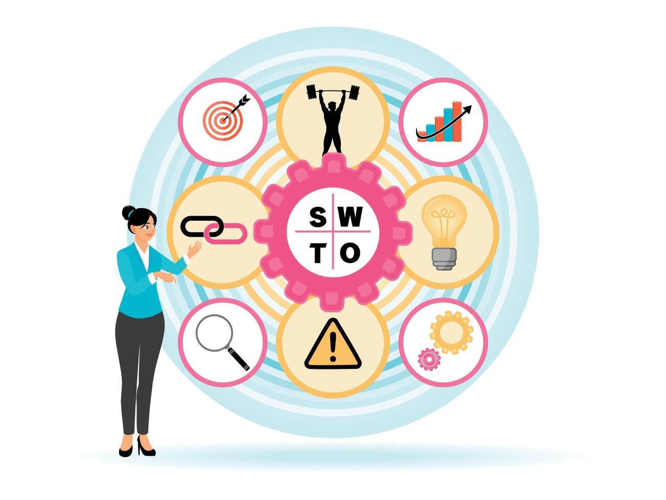 Businesswoman Touching SWOT Concept on Screen and Icons in Circular Layout. vector