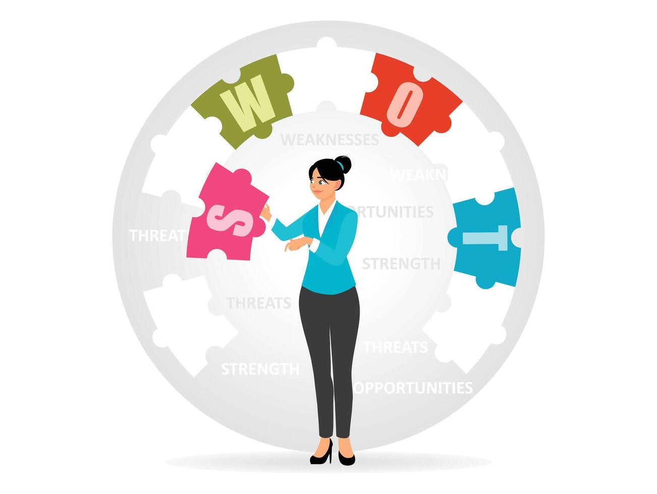Businesswoman Analyzing SWOT Puzzle Diagram for Strategic Planning and Decision Making. vector