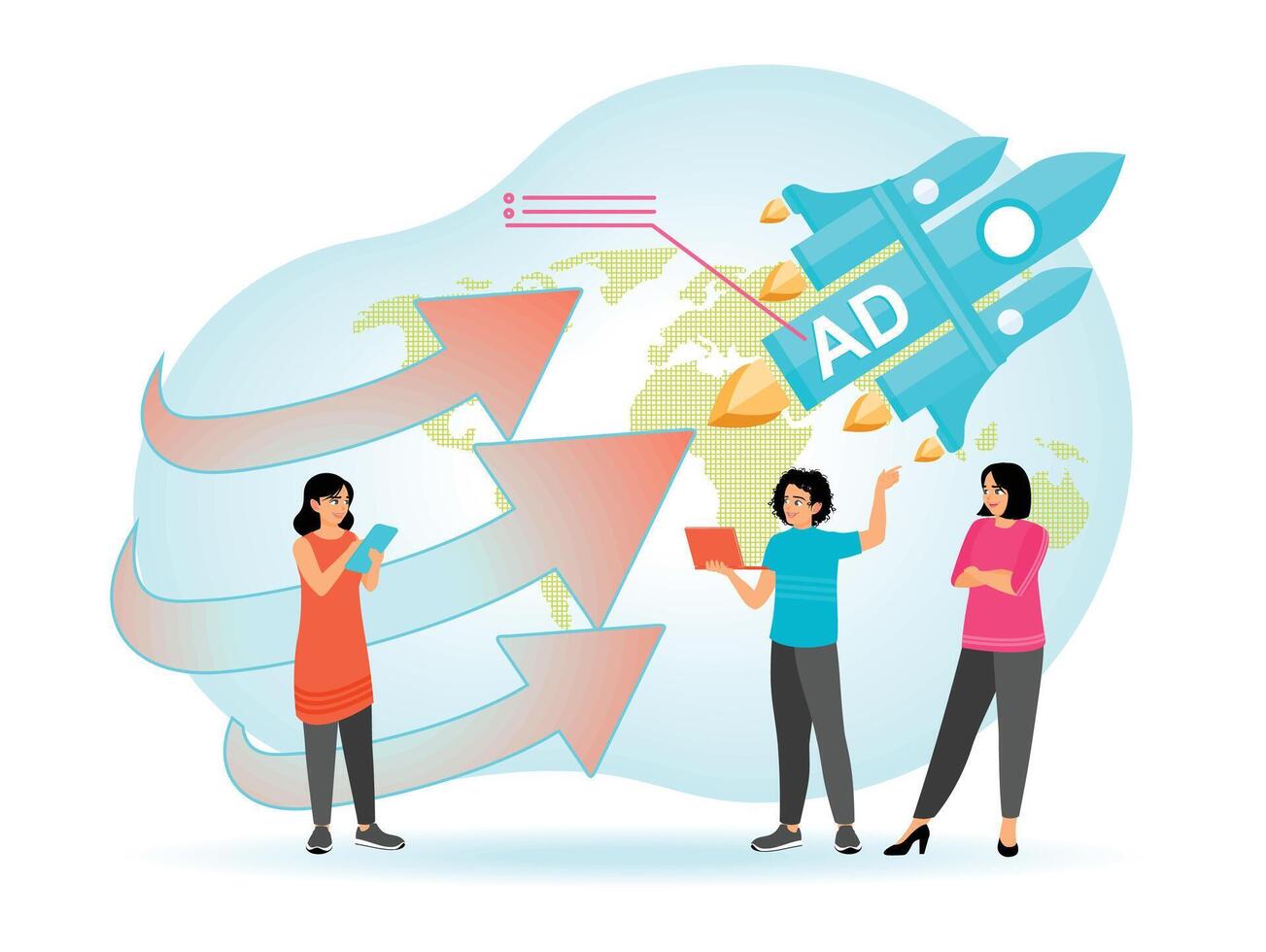 A powerful advertising campaign to gain market impact, symbolized by a rocket launch. vector