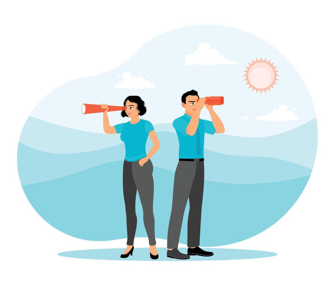 Teamwork Concept with Two People Looking Through a Telescope Outdoors on a Sunny Day. vector