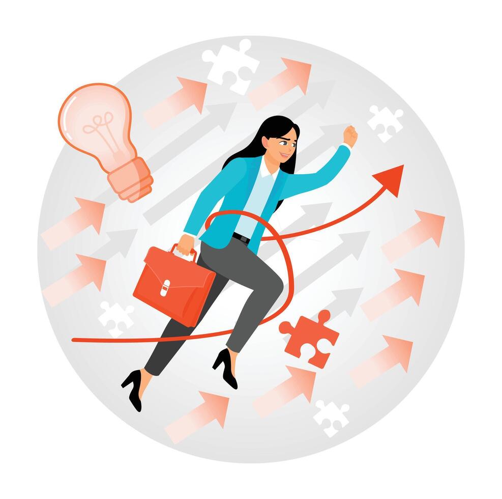 Business development. Businesswoman Achieves Goals with Dynamic Ideas and Actions Symbolized by Arrows. vector