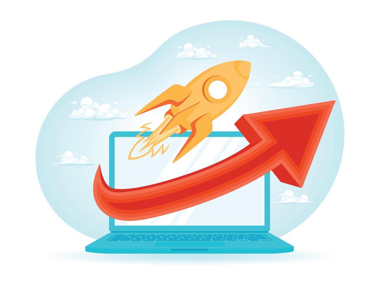 Rocket launch and laptop in the background. Chart as a symbol of success. vector
