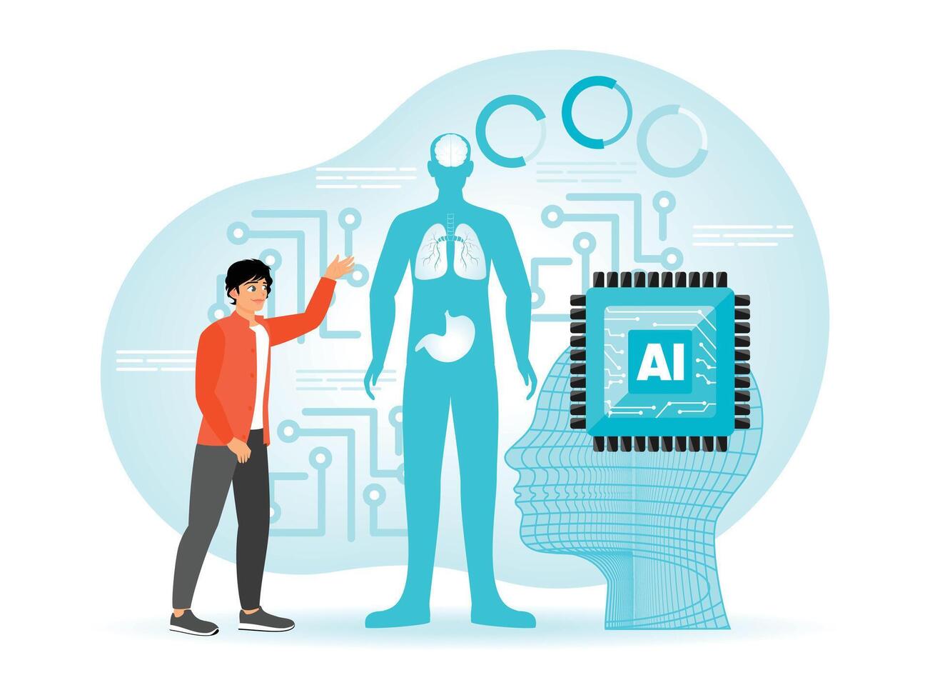 Human Anatomy Integrated with Artificial Intelligence. The Use of AI Strategies in Healthcare. vector