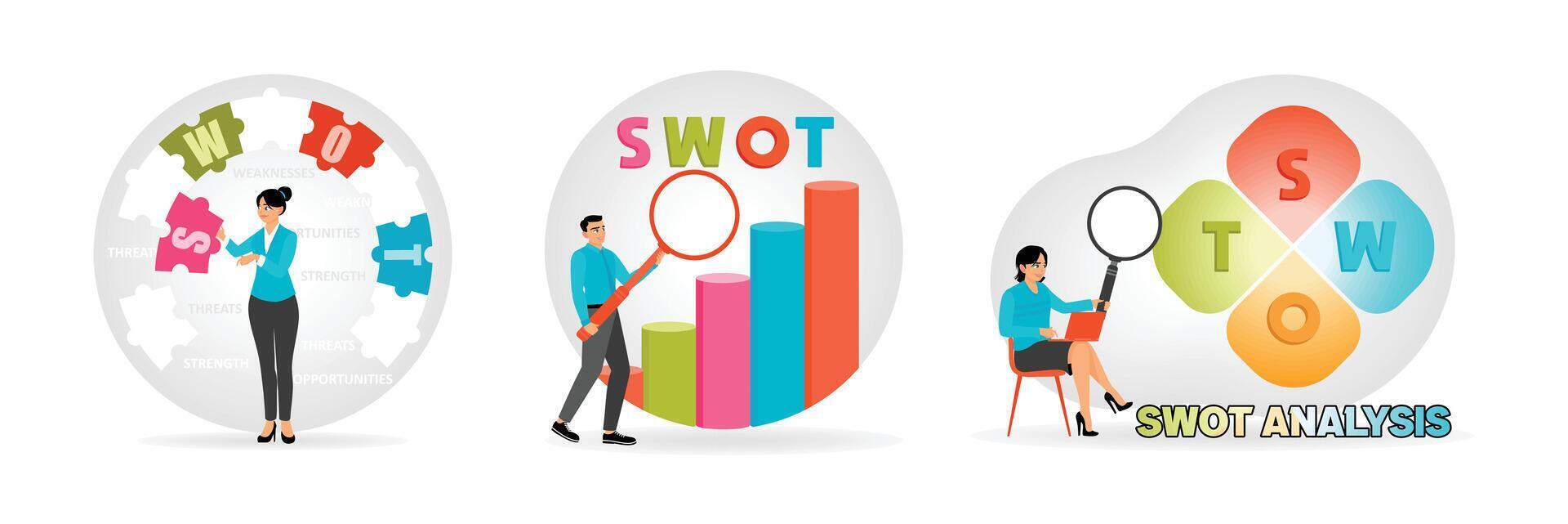 Analyzing the SWOT Puzzle. Using a Magnifying Glass for Analysis. Woman Analyzing SWOT Elements. vector