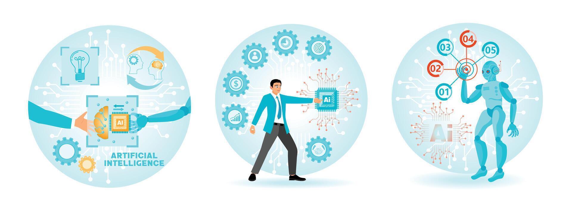 Businessman Handshake with Robot. visionaries point to AI.Robot Hand Voice Chat with Social Icons. vector