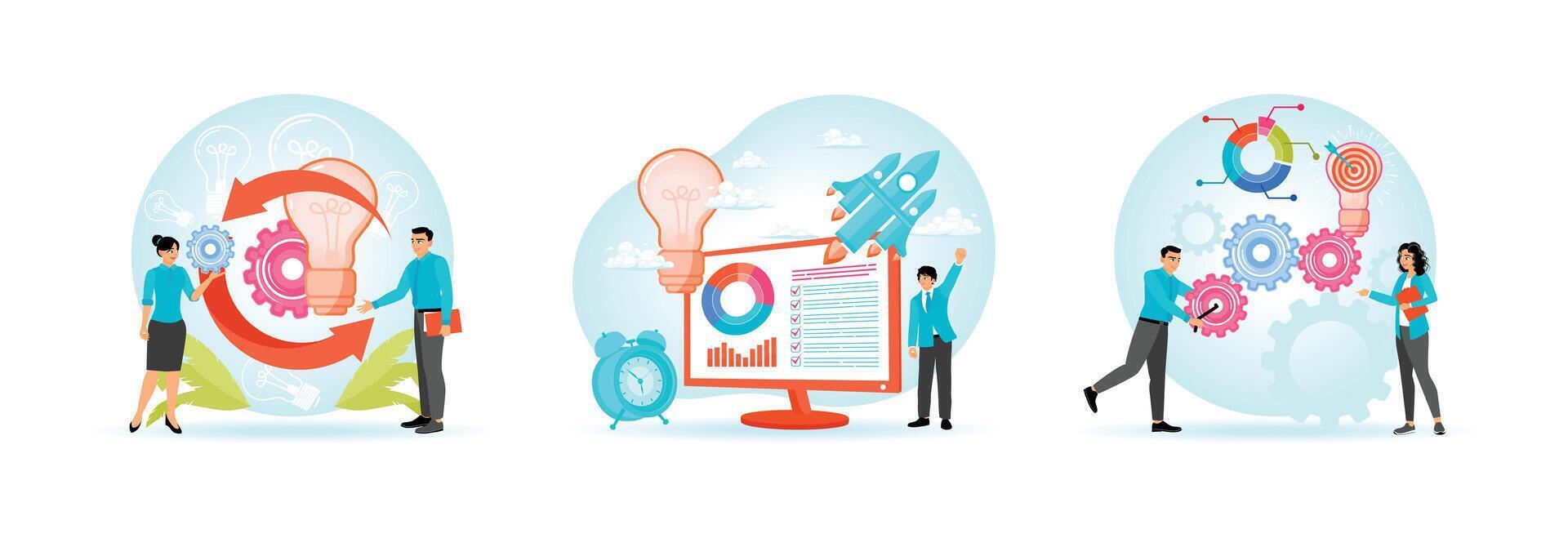 Process integrating innovation. Project implementation and initiation. Develop ideas and concepts. vector