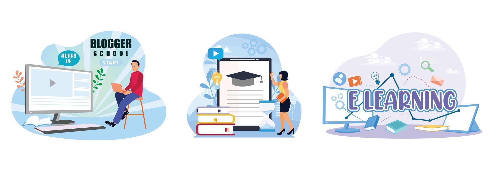 People take online learning using electronic devices and books. vector