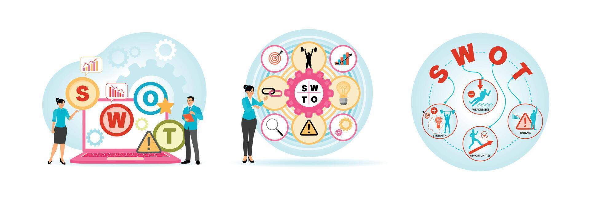 Professional and SWOT Symbol. Entrepreneur and SWOT Concept on Screen. SWOT Analysis Diagram. vector