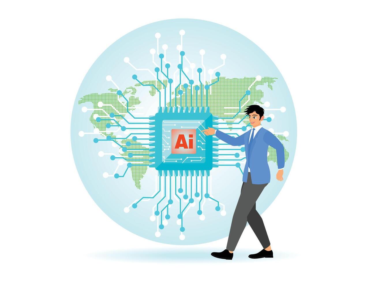 Business Visionaries Point to AI Icon on World Map. Embracing Intelligent Technology Innovation. vector