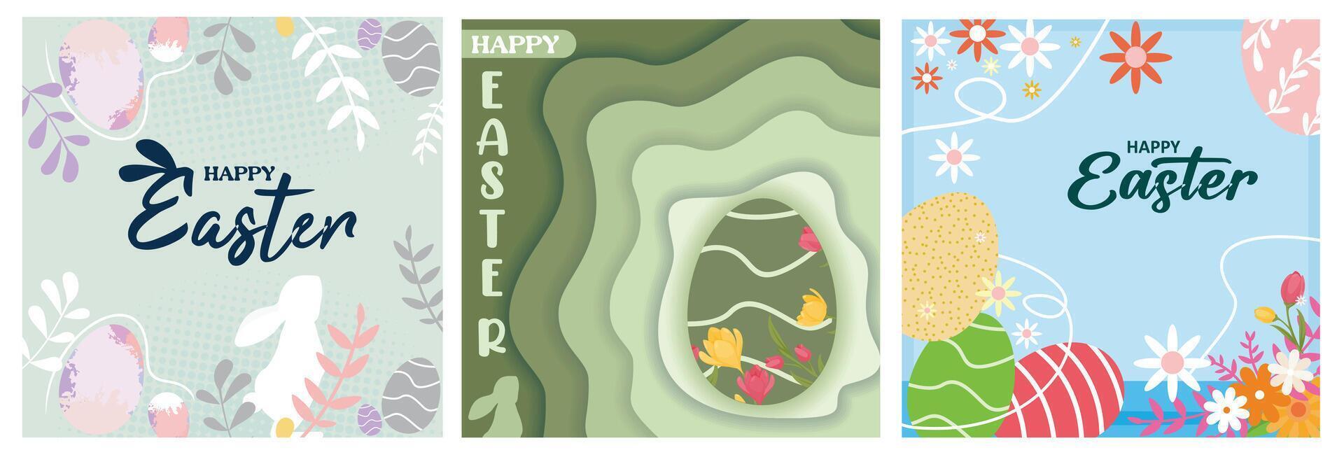 Easter card design featuring eggs decorated with spring flowers. vector