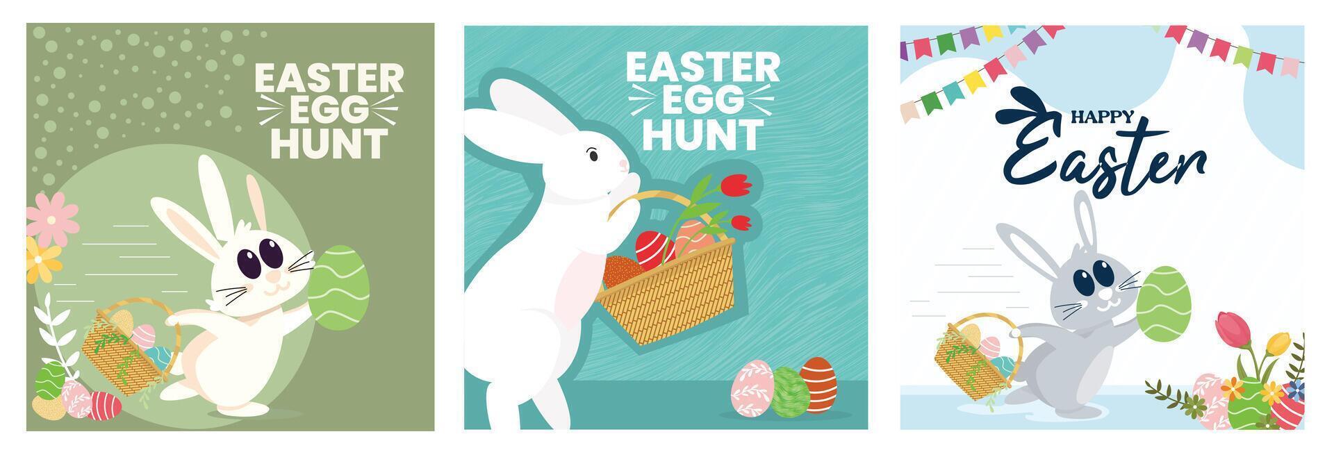 The Easter egg hunt features a cute bunny carrying a basket of eggs. vector