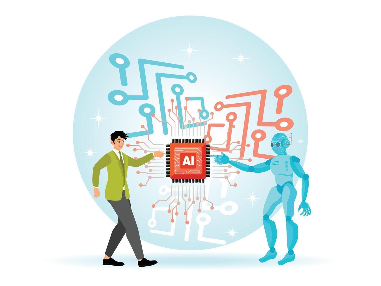 Robot and Human Touch Artificial Intelligence of Global Networking, Connection and Data Exchange. vector