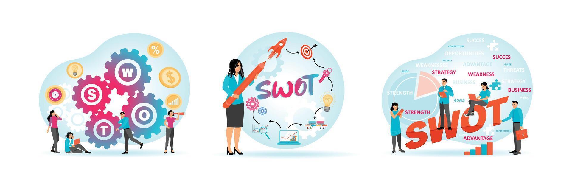 SWOT Process with Employees. Woman Drawing SWOT Concept. SWOT Strategy Presentation Concept. vector