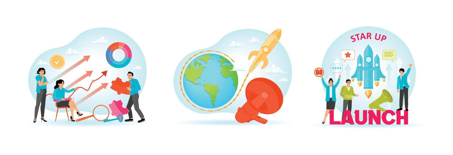 Marketing Campaign Management. Round the Rocket Launch Campaign. Concept New application launch. vector