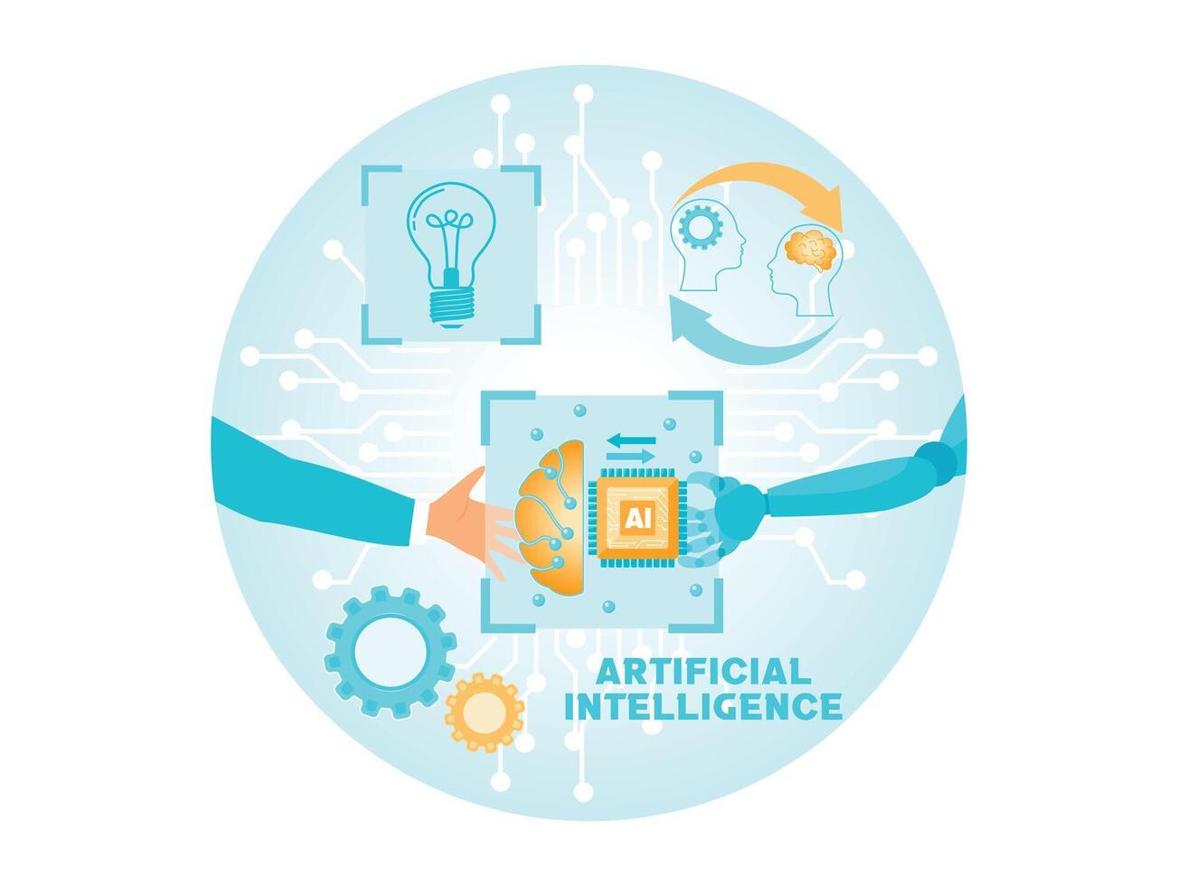 Businessman Handshake with Robot Amidst Artificial Intelligence Icons. vector