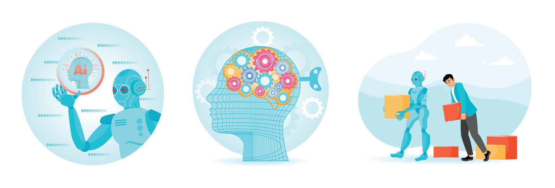 Robot Humanoid Hold Hologram Screen. Mechanical Brain Made of Gears.Robot vs Human Concept. vector