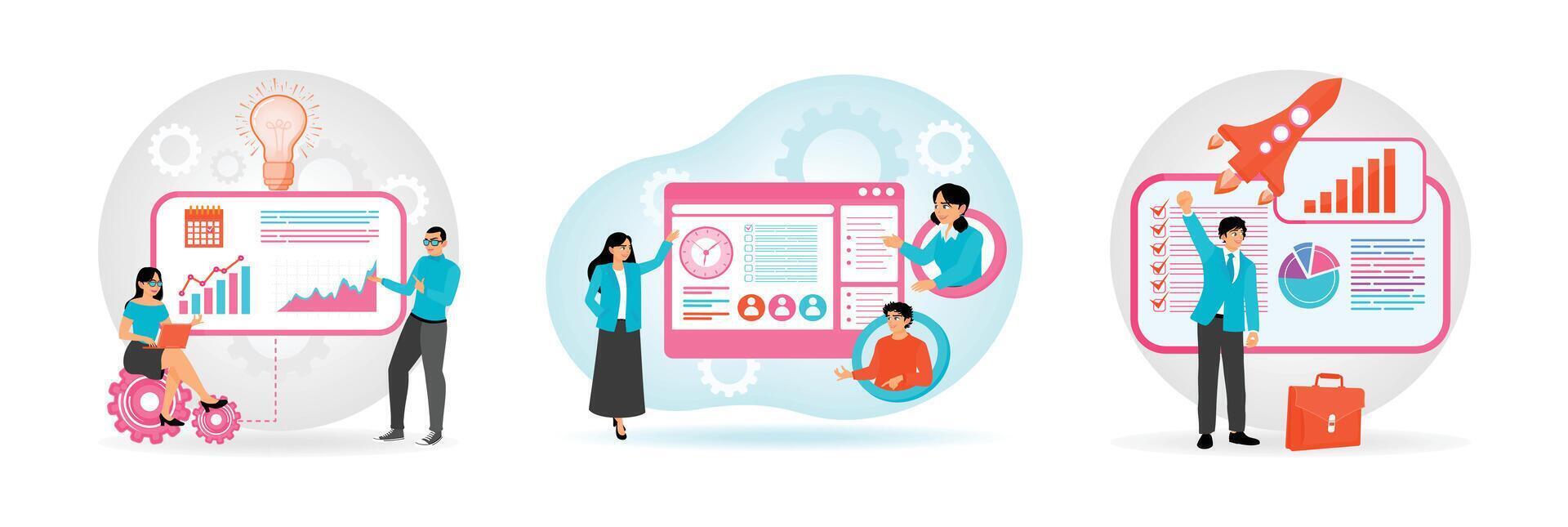 Team Collaborates on Analyzing Growth. Digital Workspace. Celebrates Innovation and Progress. vector
