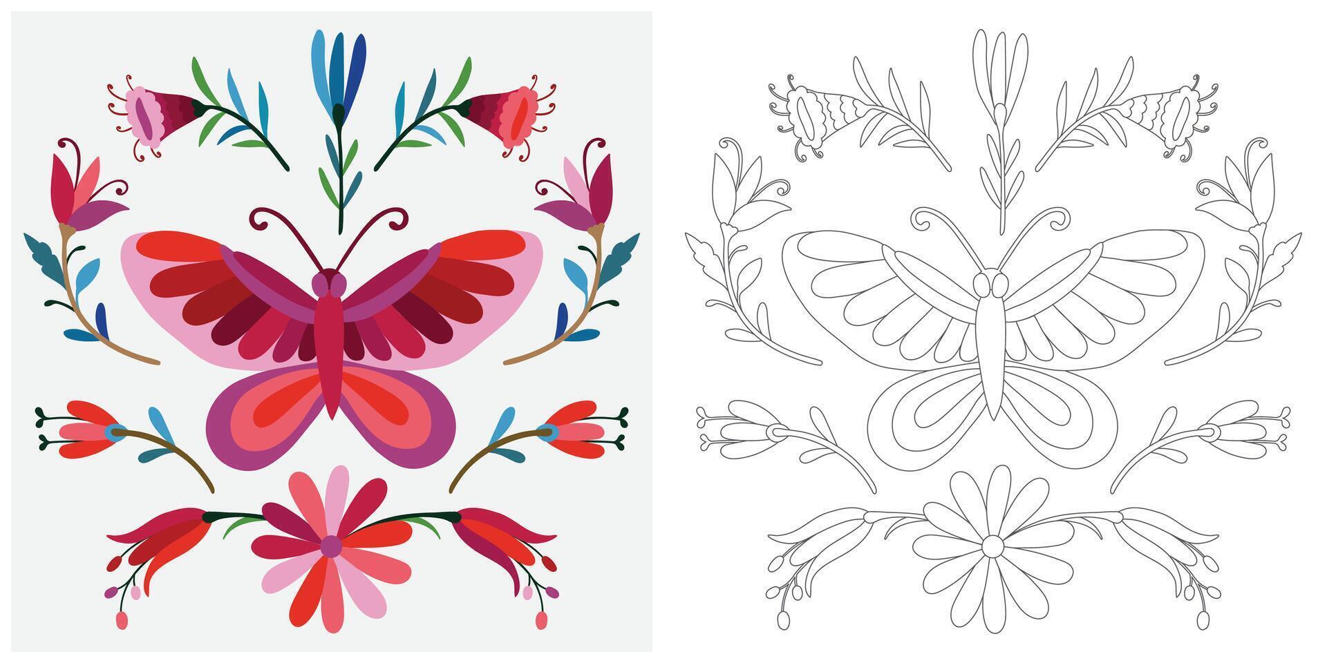 Folk Otomi style graphic, wallpaper. Coloring page vector