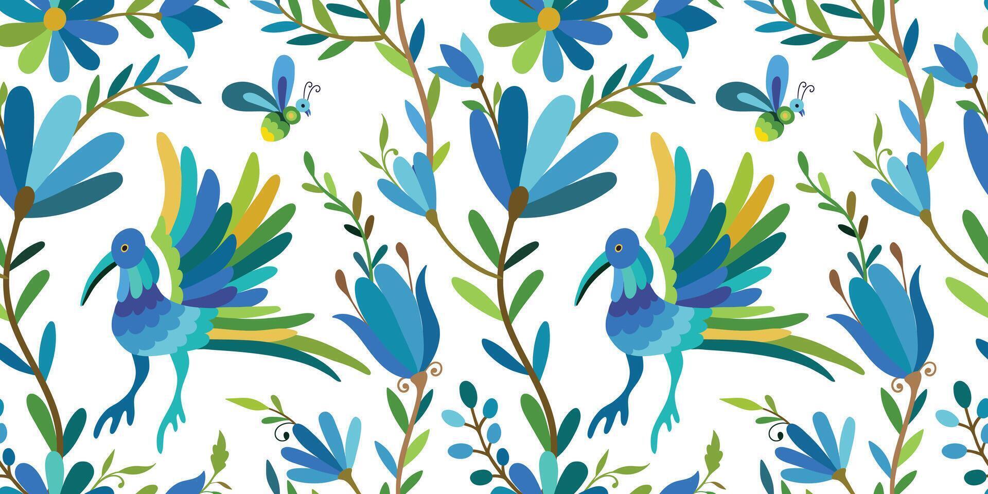 Seamless pattern with birds and flowers on white background. Colorful Mexican Traditional Textile Embroidery Style. vector
