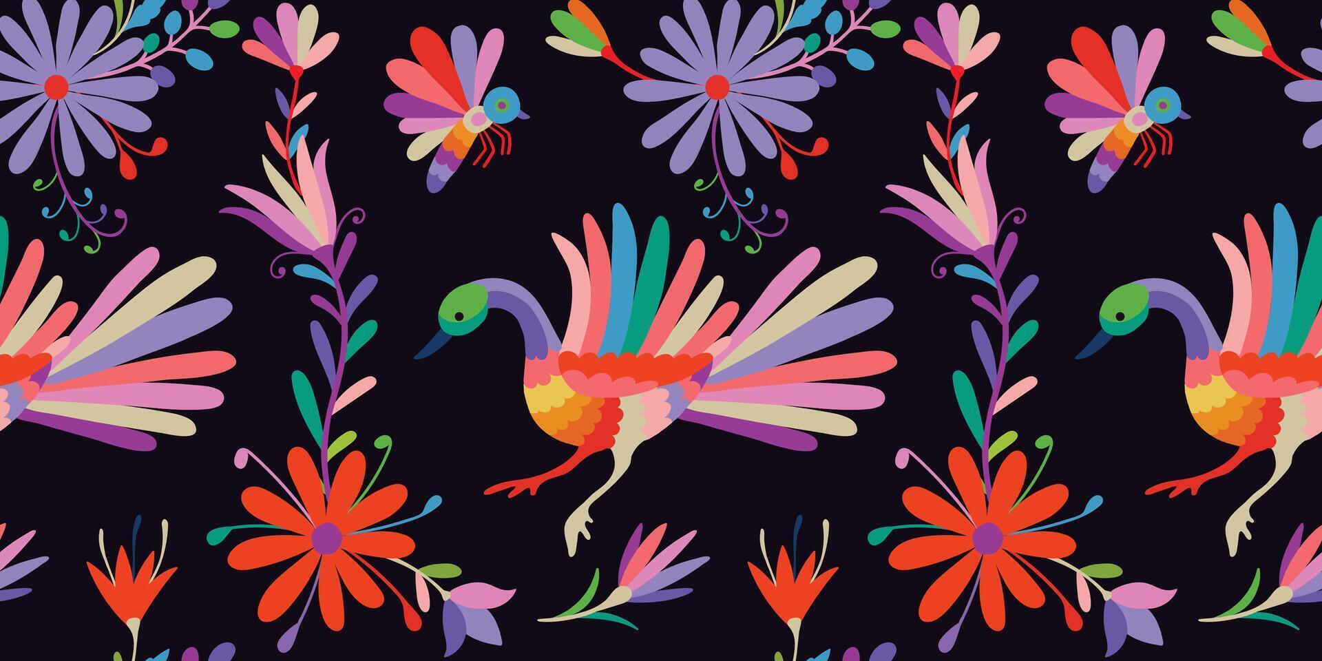 Seamless Pattern with birds and flowers on black vector
