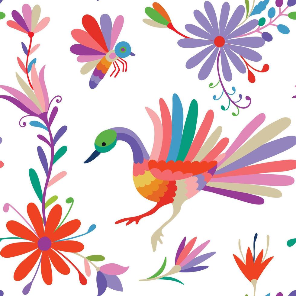 Seamless pattern with birds and flowers on white background. Folk Otomi style graphic, wallpaper. vector